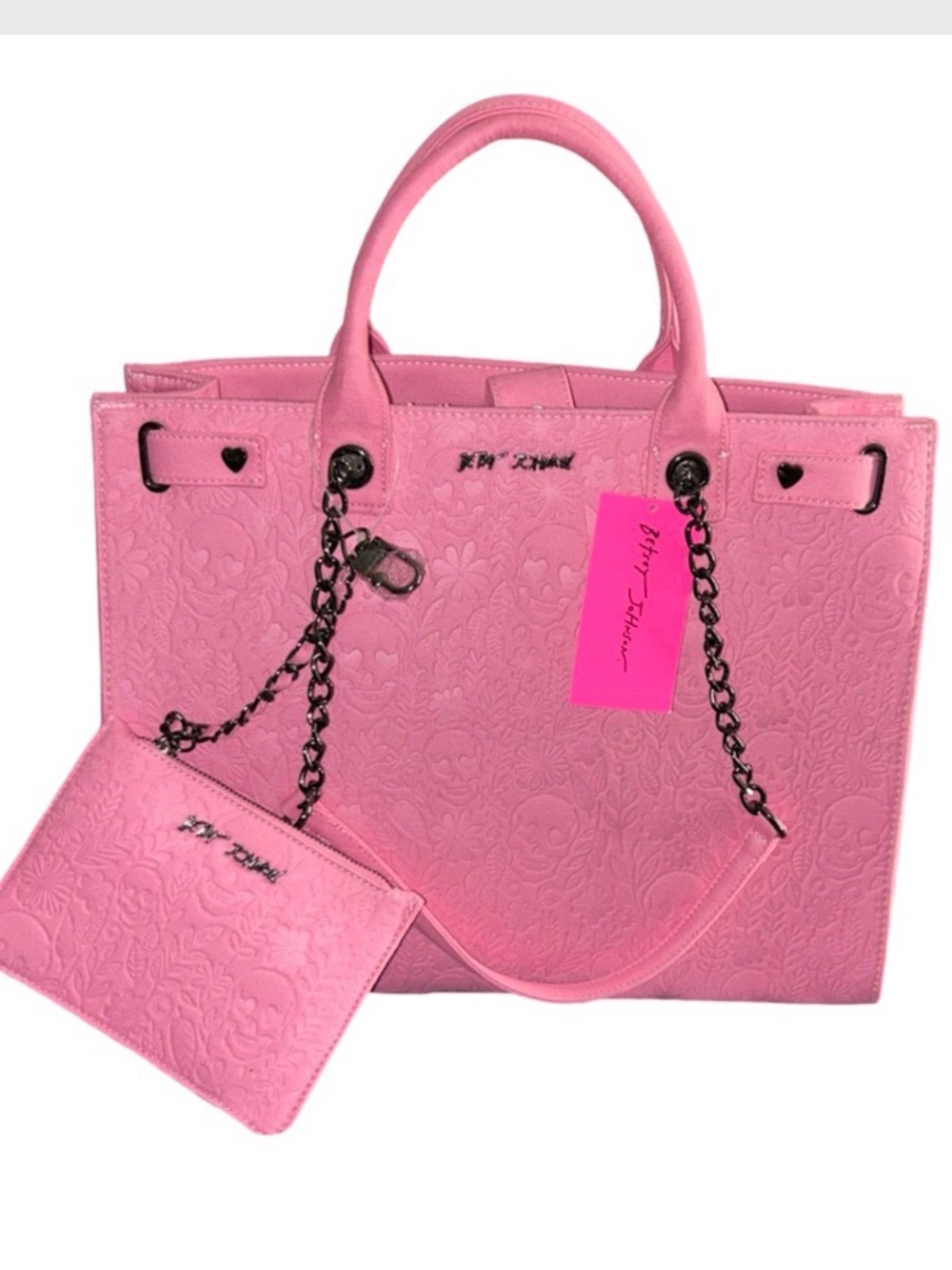 BETSEY JOHNSON XL PINK SUGAR SKULL &  FLOWERS DOUBLE HANDLE/CHAIN STRAPS NWT